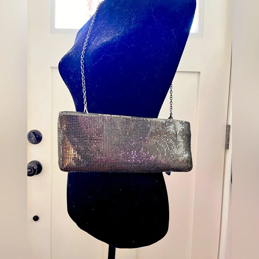 NWT Chico’s silver black Sandra mesh bag clutch metal chain sparkle